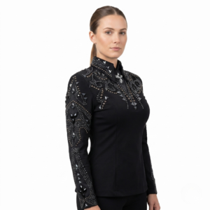 Women’s Western Show Jacket Black Equestrian Riding Coat with Rhinestone Embroidery, Slim Fit Black Showmanship Wear