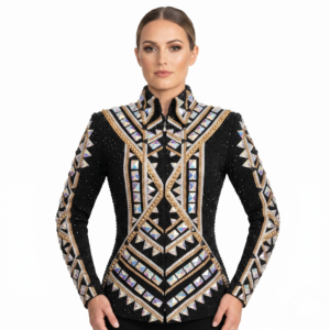 Women’s Western Show Jacket Black Equestrian Riding Coat with Mirror Crystal Embroidery, Tailored Fit