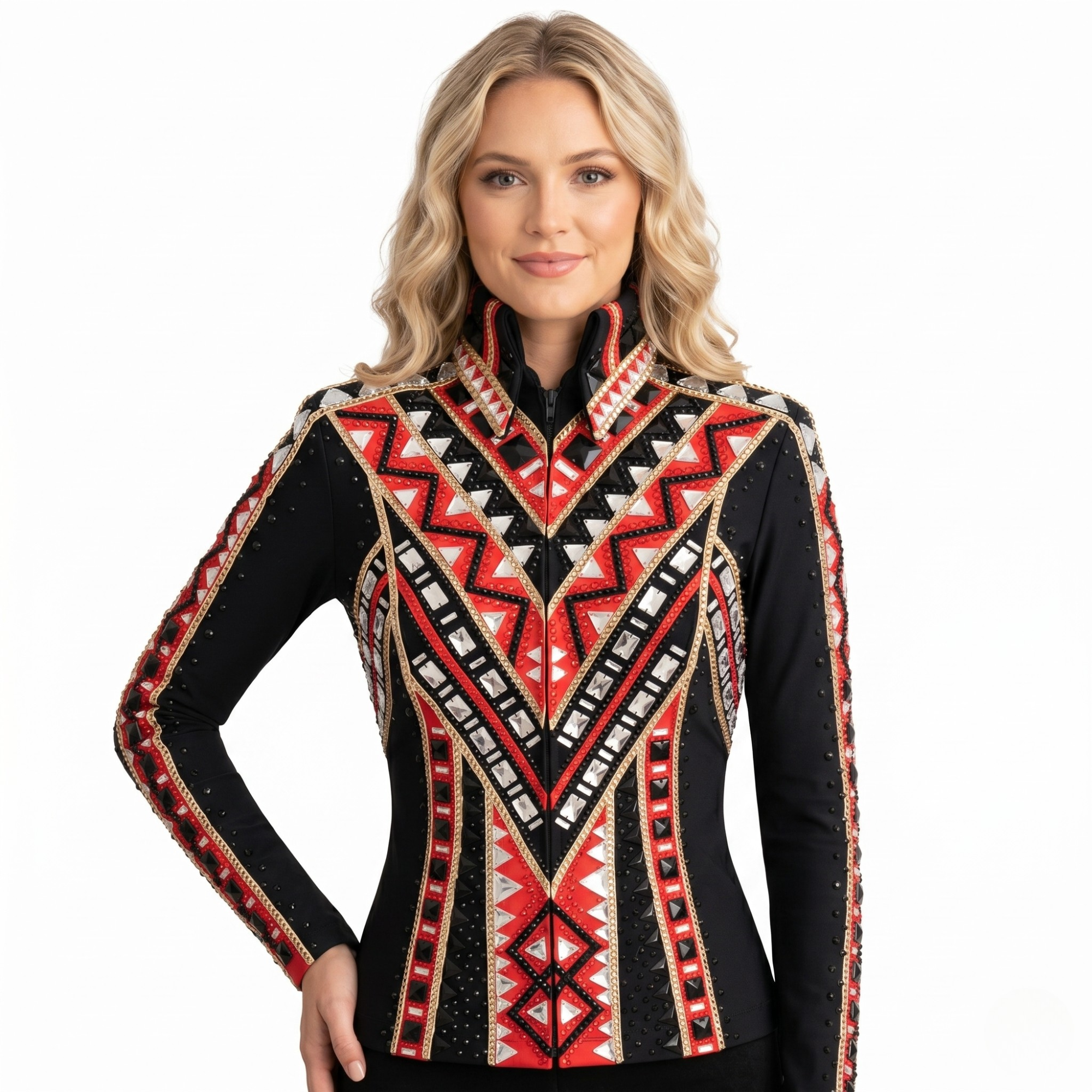 Women’s Western Show Jacket Black & Red Equestrian Riding Coat with Geometric Crystal Design