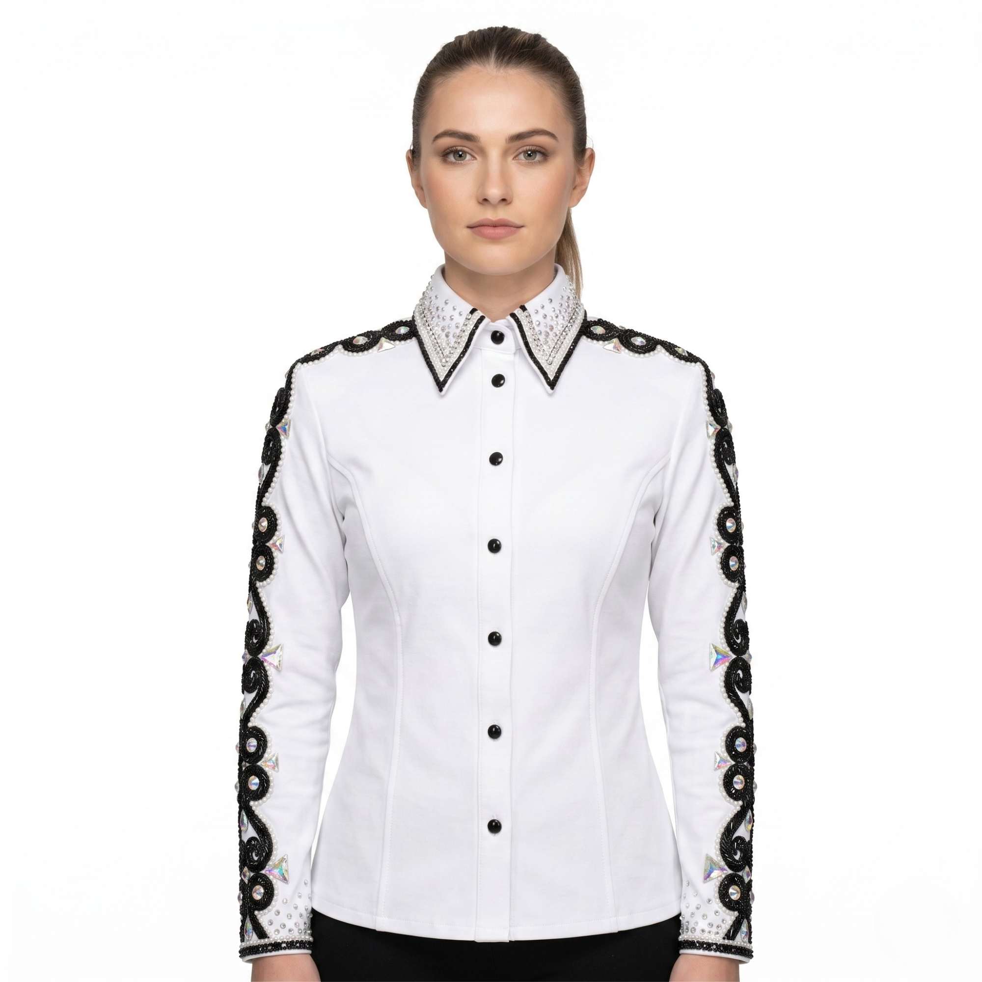 Women’s Western Show Shirt White Equestrian Riding Shirt with Black Embroidery & Crystal Detail