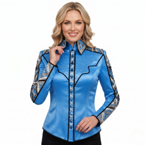 Women’s Western Show Shirt Blue Equestrian Riding Shirt with Stud Detail & Geometric Trim