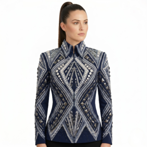 Women’s Western Show Jacket Blue Equestrian Riding Coat with Crystal Embroidery, Tailored Showmanship Fit