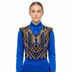 Women’s Western Show Bolero Jacket Blue Equestrian Riding Coat with Multicolor Crystal Embroidery