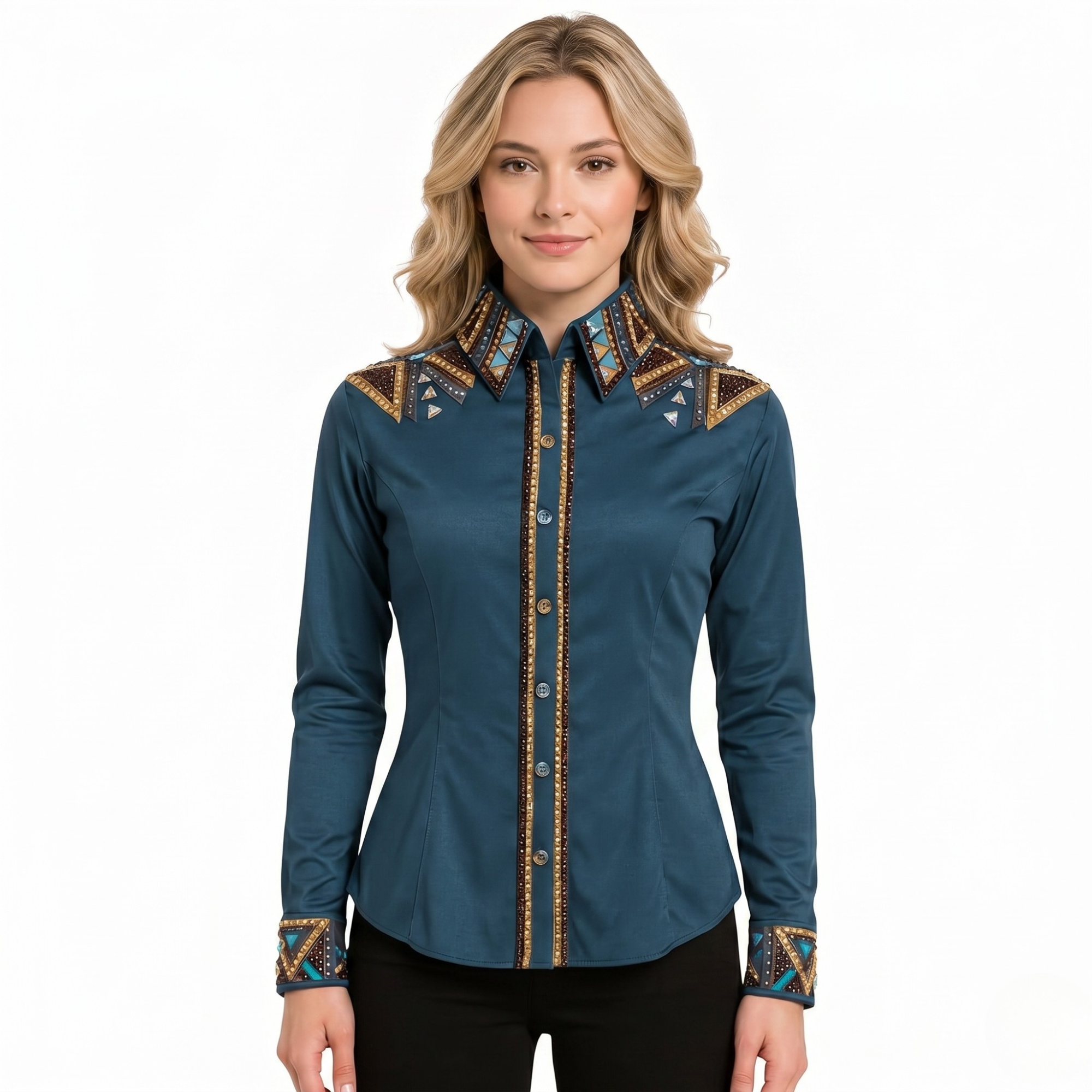 Women’s Western Show Shirt Teal Equestrian Riding Coat with Crystal Shoulder Design & Structured Fit