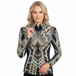 Women’s Western Show Jacket Black Equestrian Riding Coat with Geometric Pattern & Crystal Detail