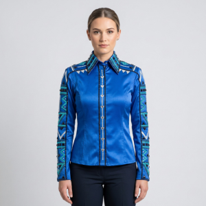 Western Showmanship Equestrian Shirt for Women in Blue with Stone Accents