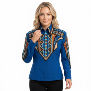 Women’s Western Show Shirt Blue Equestrian Riding Coat with Turquoise & Rust Embroidery, Show Fit