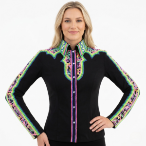 Women’s Western Show Shirt Black Equestrian Riding Shirt with Neon Beadwork & Geometric Design