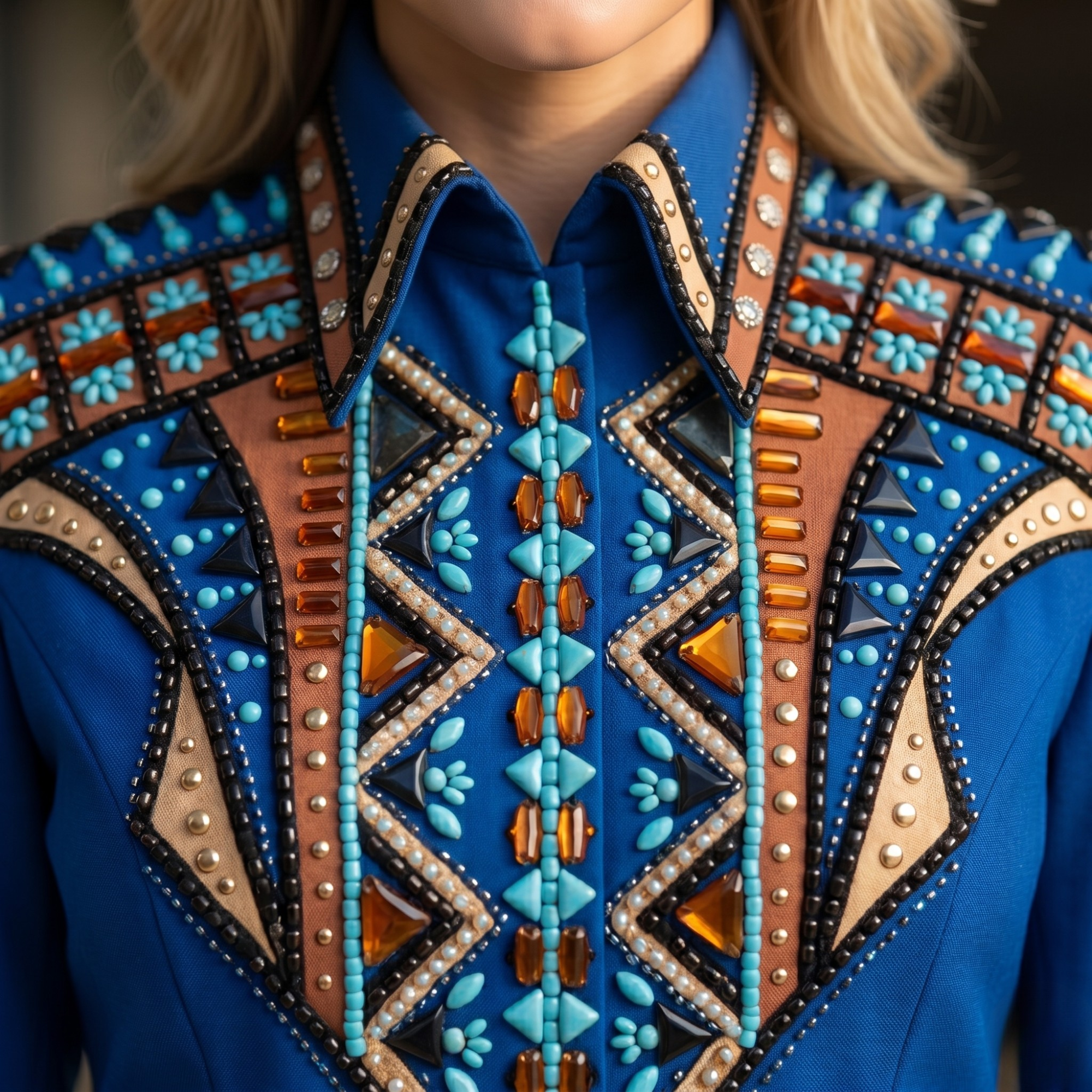 Women’s Western Show Shirt Blue Equestrian Riding Coat with Turquoise & Rust Embroidery, Show Fit - Image 5