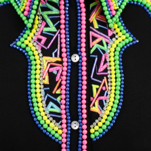 Women’s Western Show Shirt Black Equestrian Riding Shirt with Neon Beadwork & Geometric Design