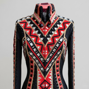 Women’s Western Show Jacket Black & Red Equestrian Riding Coat with Geometric Crystal Design
