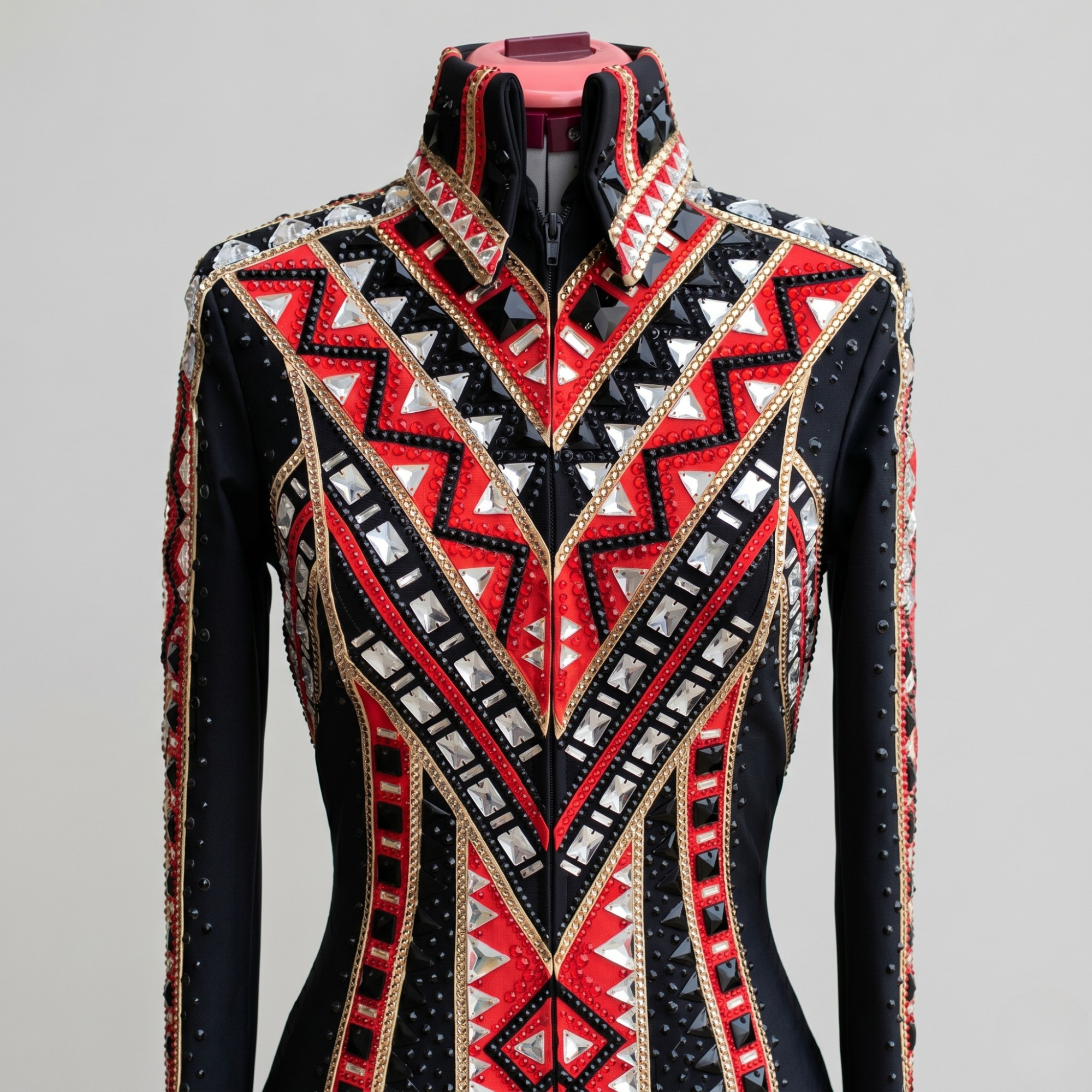 Women’s Western Show Jacket Black & Red Equestrian Riding Coat with Geometric Crystal Design - Image 2