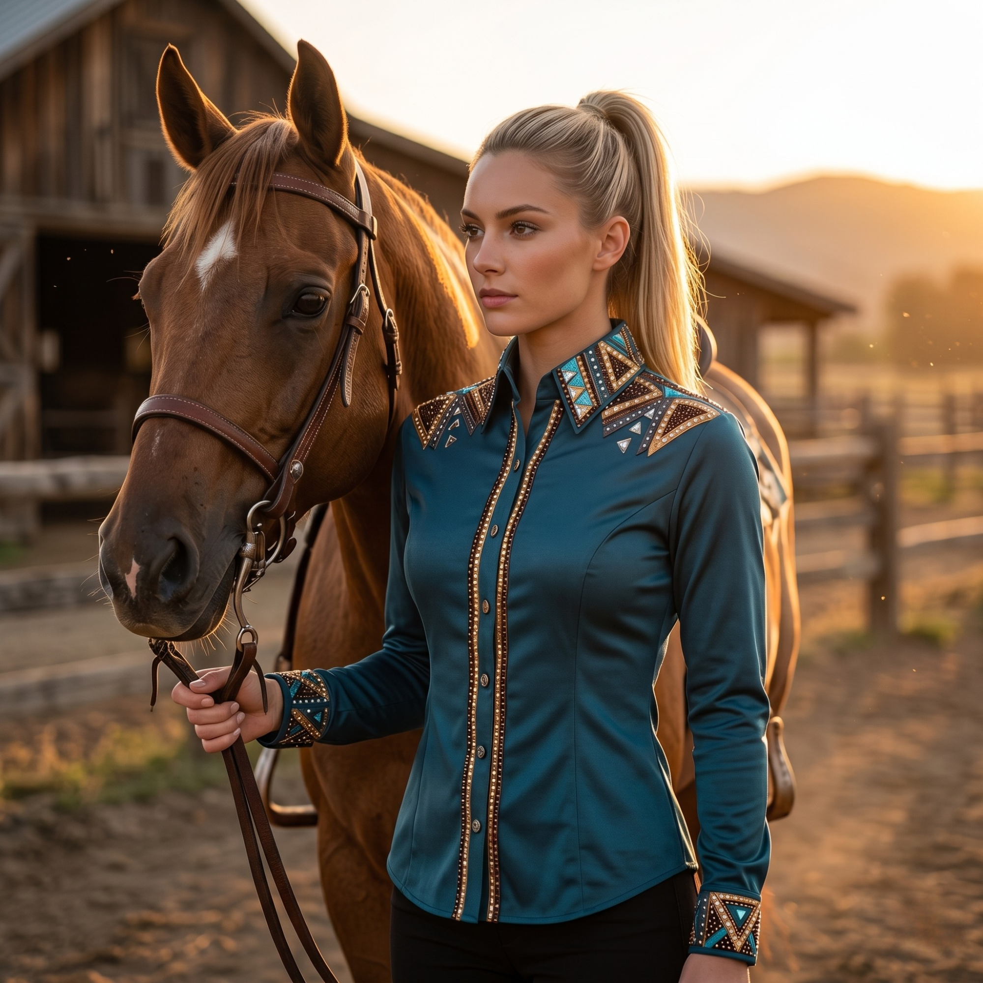 Women’s Western Show Shirt Teal Equestrian Riding Coat with Crystal Shoulder Design & Structured Fit - Image 7