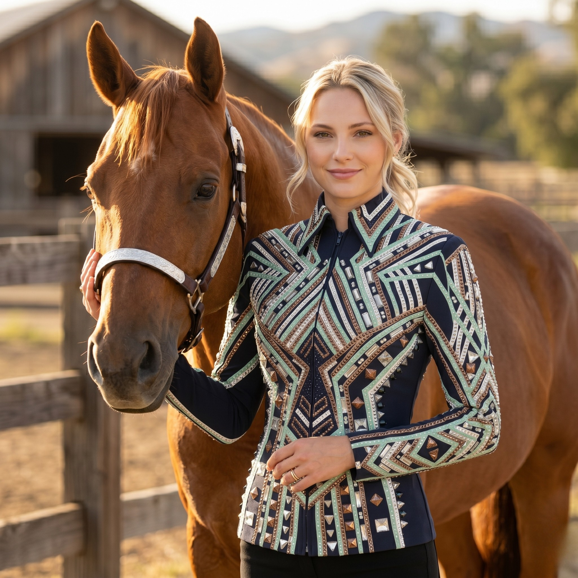 Women’s Western Show Jacket Black Equestrian Riding Coat with Geometric Pattern & Crystal Detail - Image 7