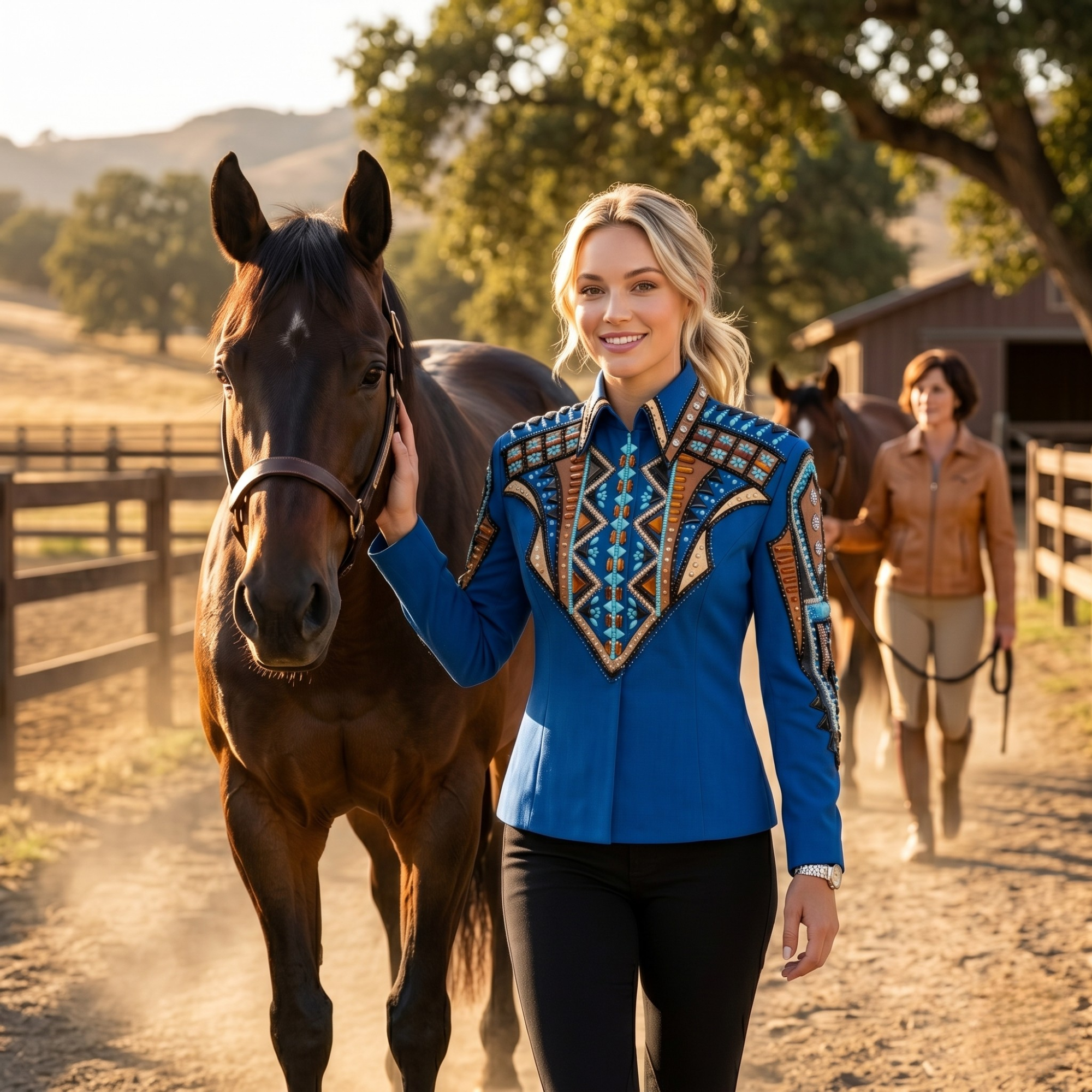 Women’s Western Show Shirt Blue Equestrian Riding Coat with Turquoise & Rust Embroidery, Show Fit - Image 7