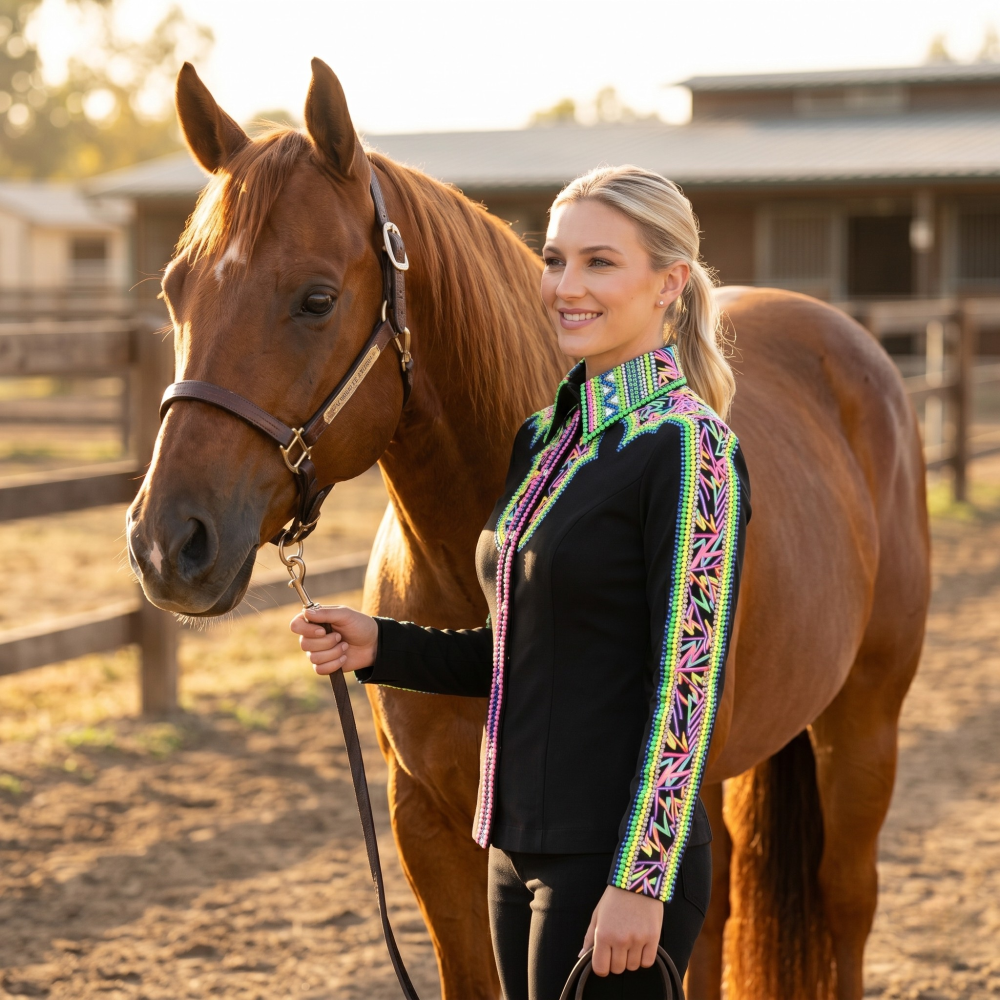 Women’s Western Show Shirt Black Equestrian Riding Shirt with Neon Beadwork & Geometric Design - Image 7