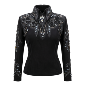 Women’s Western Show Jacket Black Equestrian Riding Coat with Rhinestone Embroidery, Slim Fit Black Showmanship Wear