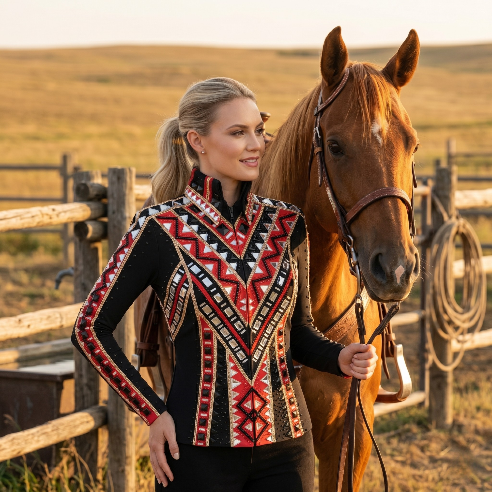 Women’s Western Show Jacket Black & Red Equestrian Riding Coat with Geometric Crystal Design - Image 7