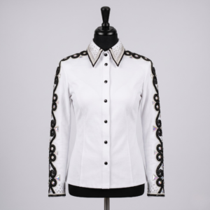 Women’s Western Show Shirt White Equestrian Riding Shirt with Black Embroidery & Crystal Detail