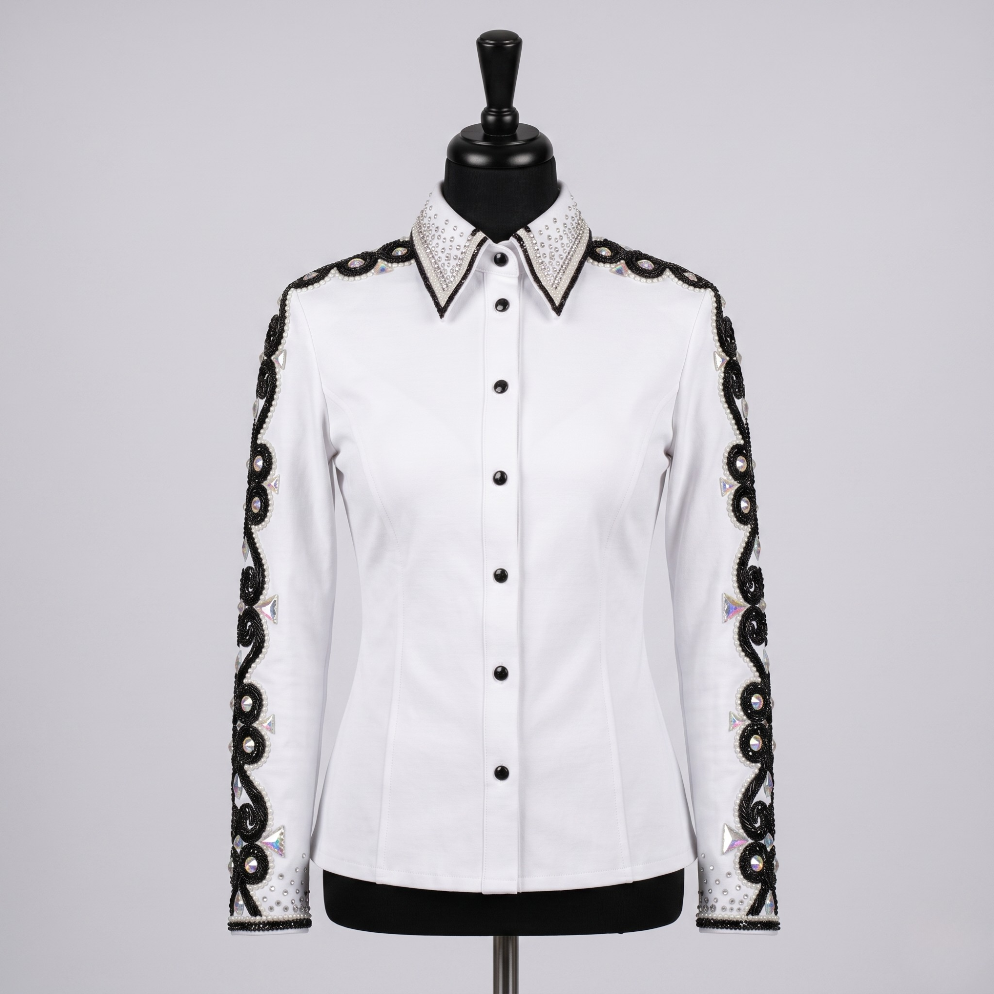Women’s Western Show Shirt White Equestrian Riding Shirt with Black Embroidery & Crystal Detail - Image 2