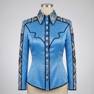 Women’s Western Show Shirt Blue Equestrian Riding Shirt with Stud Detail & Geometric Trim