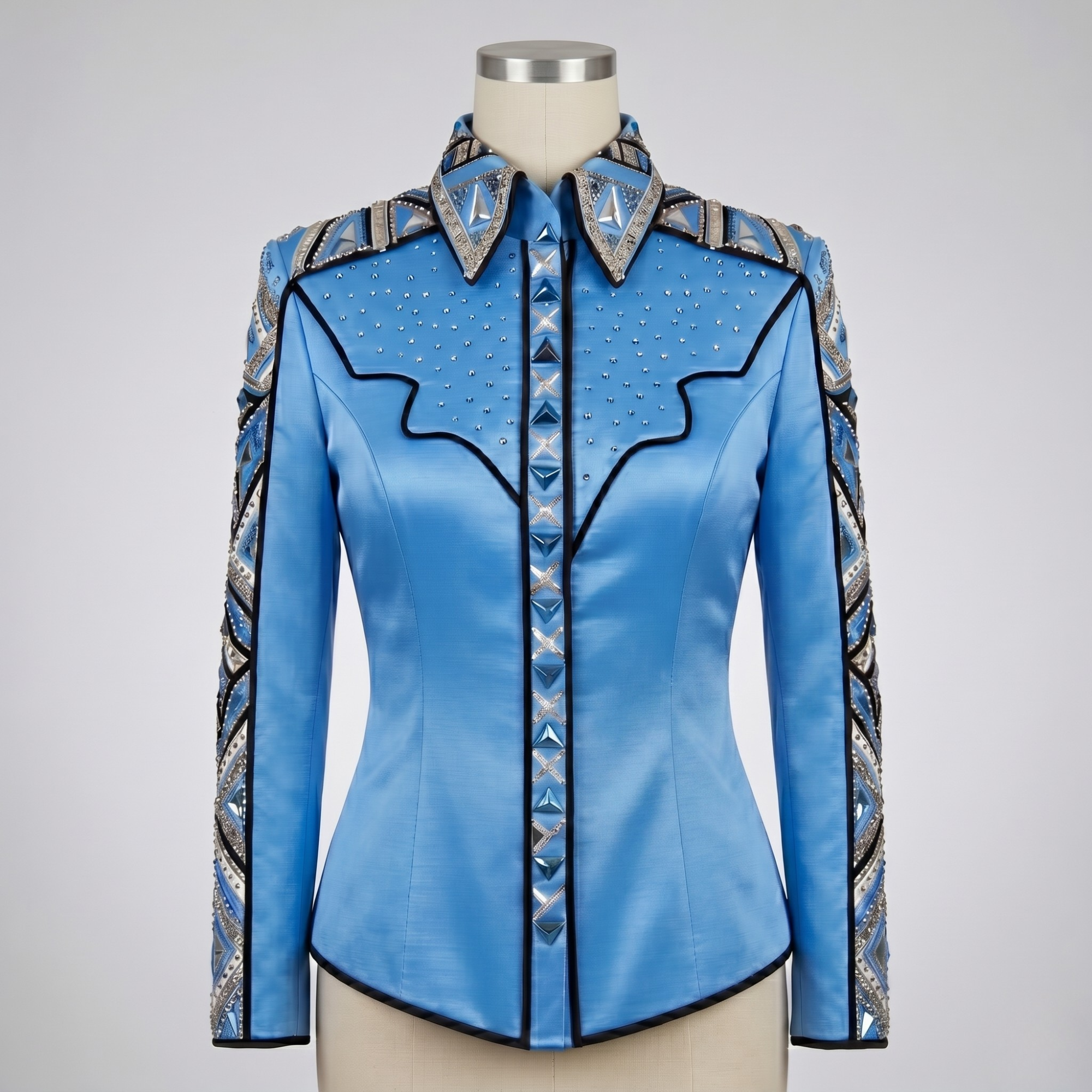 Women’s Western Show Shirt Blue Equestrian Riding Shirt with Stud Detail & Geometric Trim - Image 2