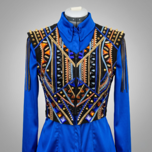 Women’s Western Show Bolero Jacket Blue Equestrian Riding Coat with Multicolor Crystal Embroidery