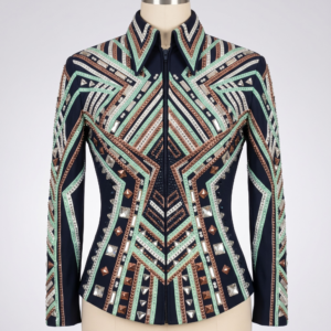 Women’s Western Show Jacket Black Equestrian Riding Coat with Geometric Pattern & Crystal Detail