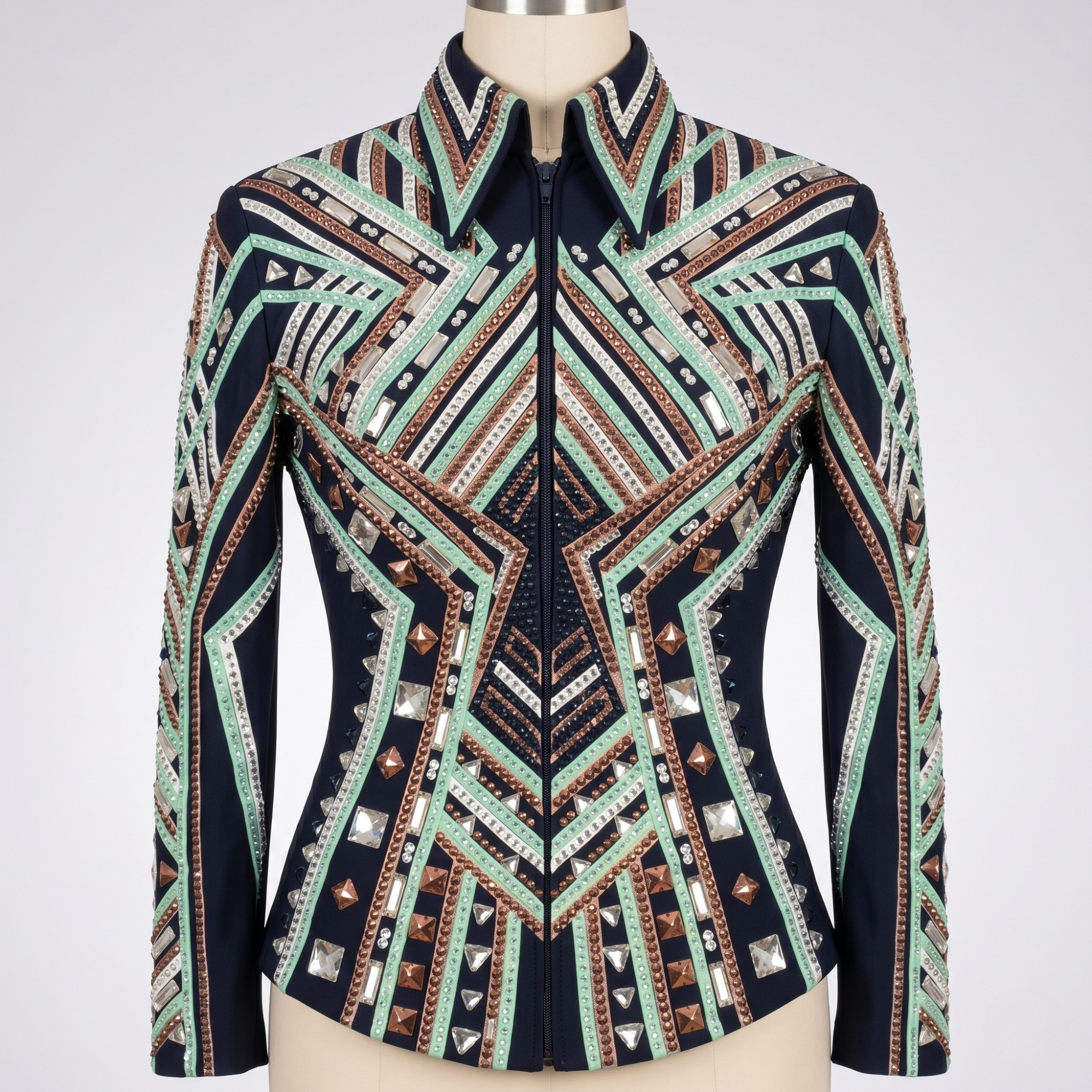 Women’s Western Show Jacket Black Equestrian Riding Coat with Geometric Pattern & Crystal Detail - Image 2
