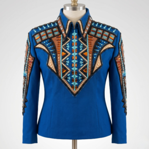 Women’s Western Show Shirt Blue Equestrian Riding Coat with Turquoise & Rust Embroidery, Show Fit