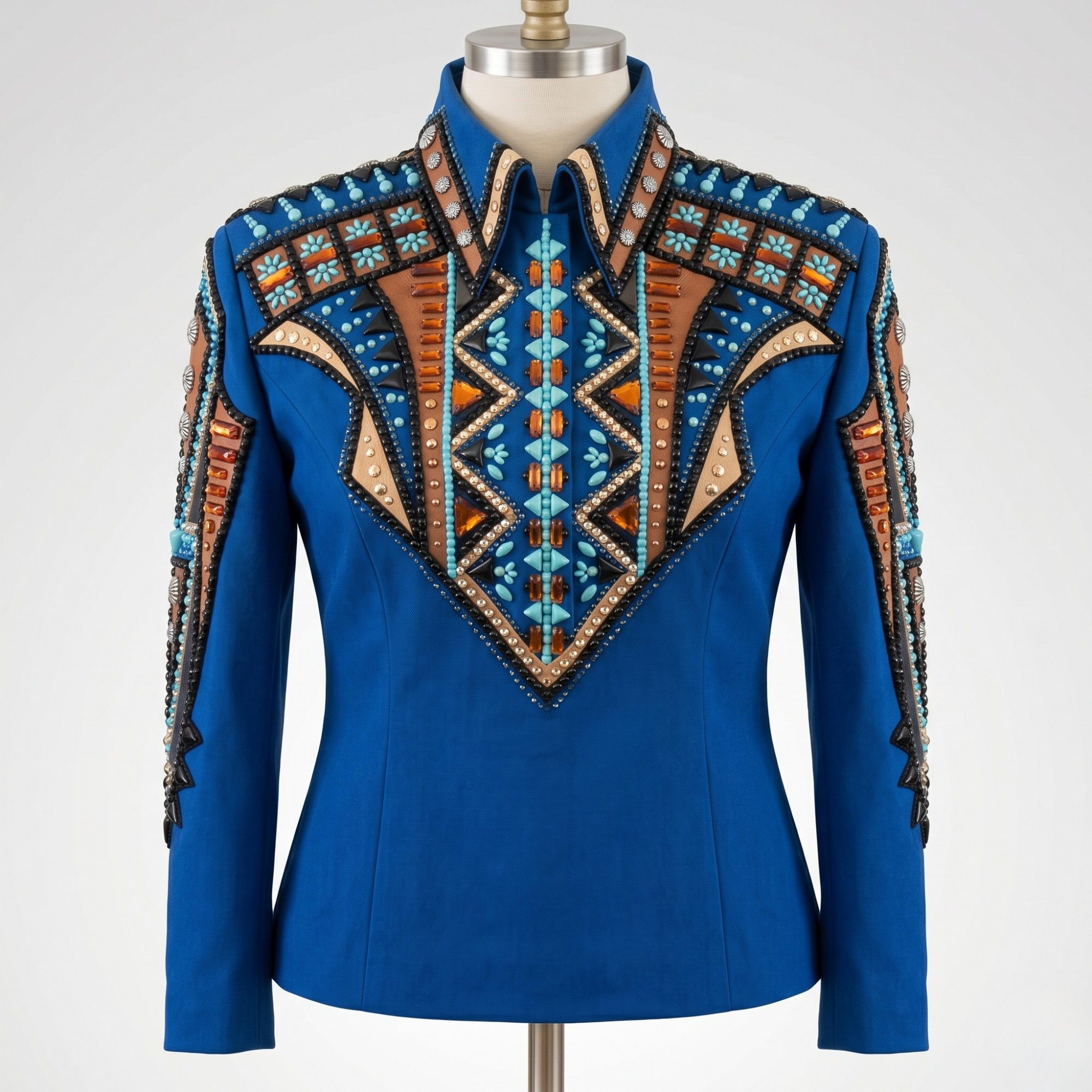 Women’s Western Show Shirt Blue Equestrian Riding Coat with Turquoise & Rust Embroidery, Show Fit - Image 2
