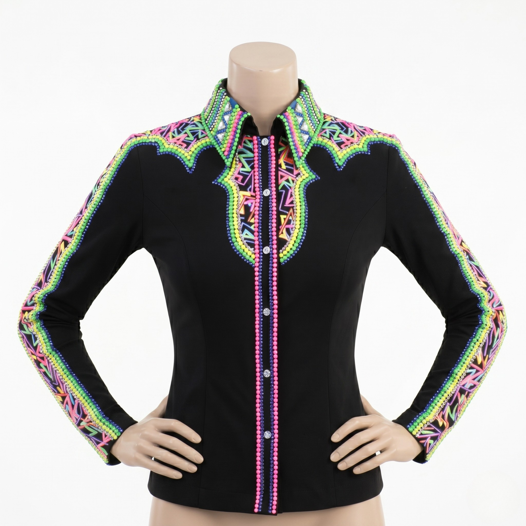 Women’s Western Show Shirt Black Equestrian Riding Shirt with Neon Beadwork & Geometric Design - Image 3