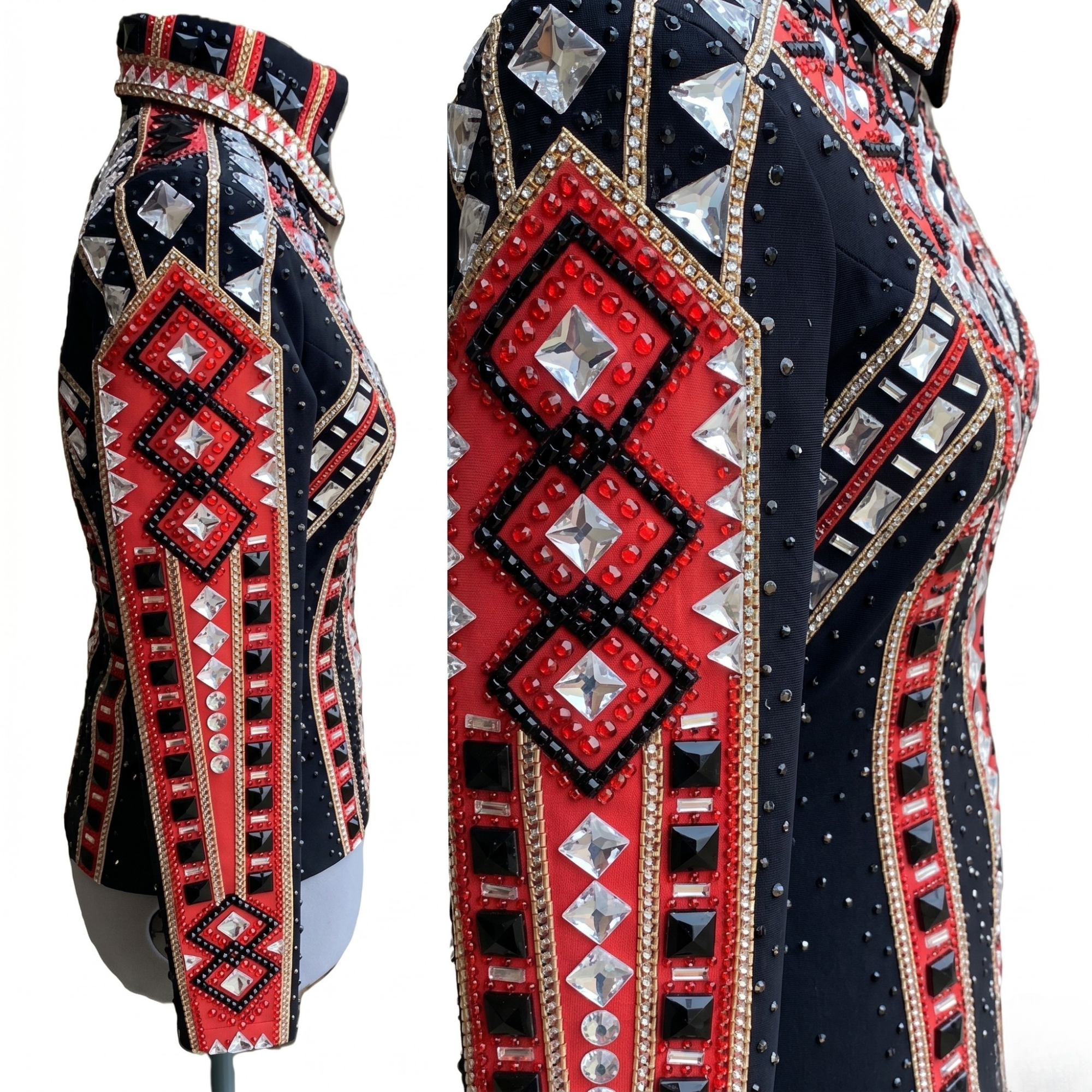 Women’s Western Show Jacket Black & Red Equestrian Riding Coat with Geometric Crystal Design - Image 3