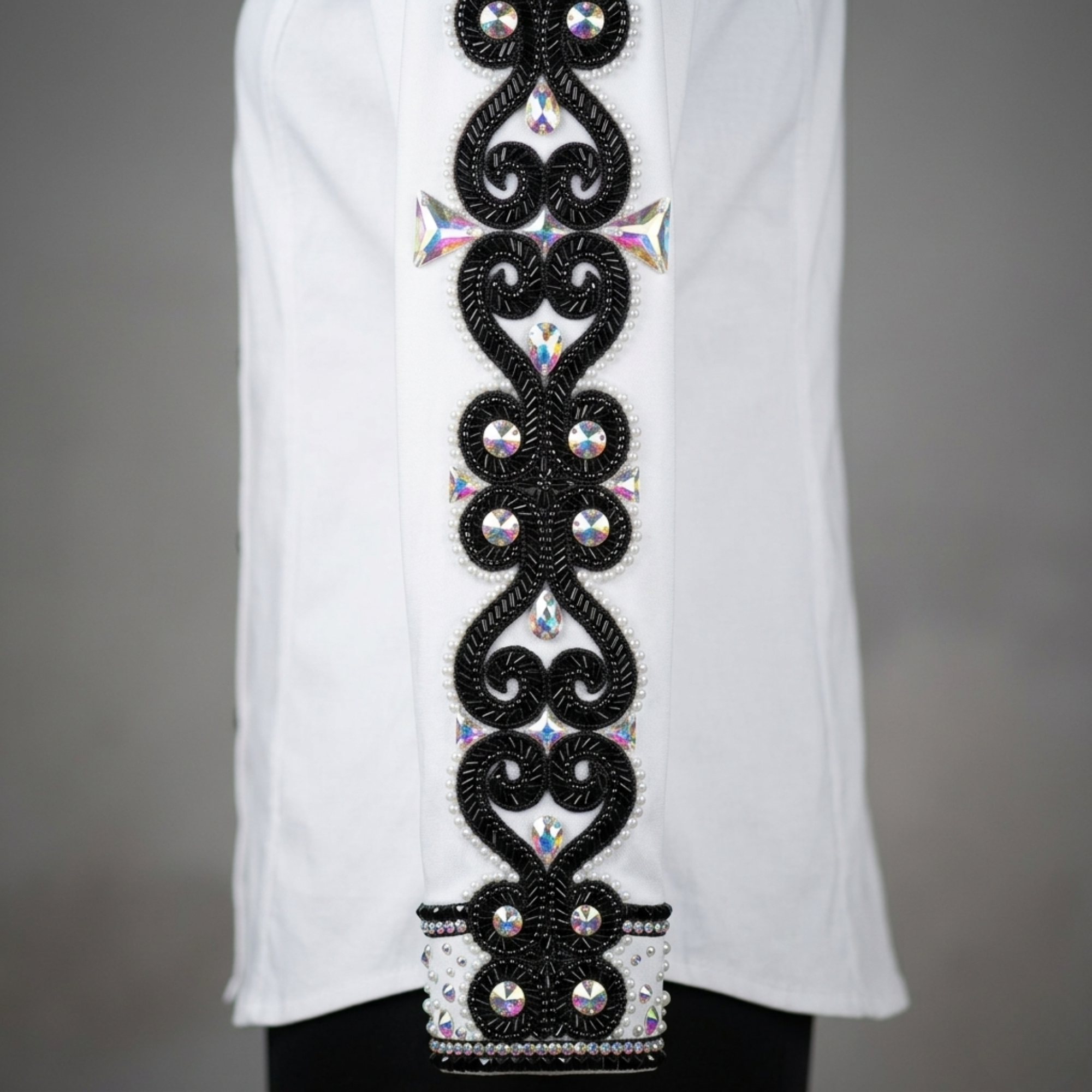 Women’s Western Show Shirt White Equestrian Riding Shirt with Black Embroidery & Crystal Detail - Image 3