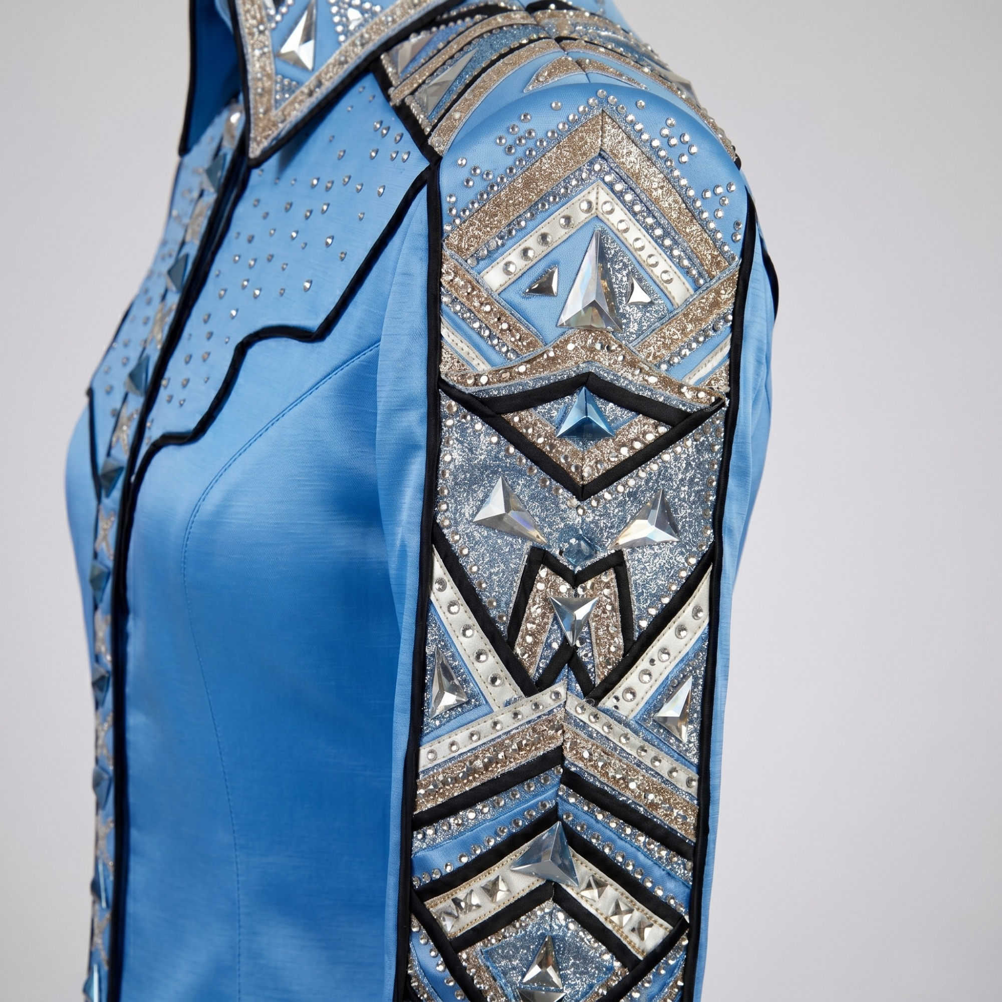 Women’s Western Show Shirt Blue Equestrian Riding Shirt with Stud Detail & Geometric Trim - Image 4