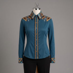 Women’s Western Show Shirt Teal Equestrian Riding Coat with Crystal Shoulder Design & Structured Fit
