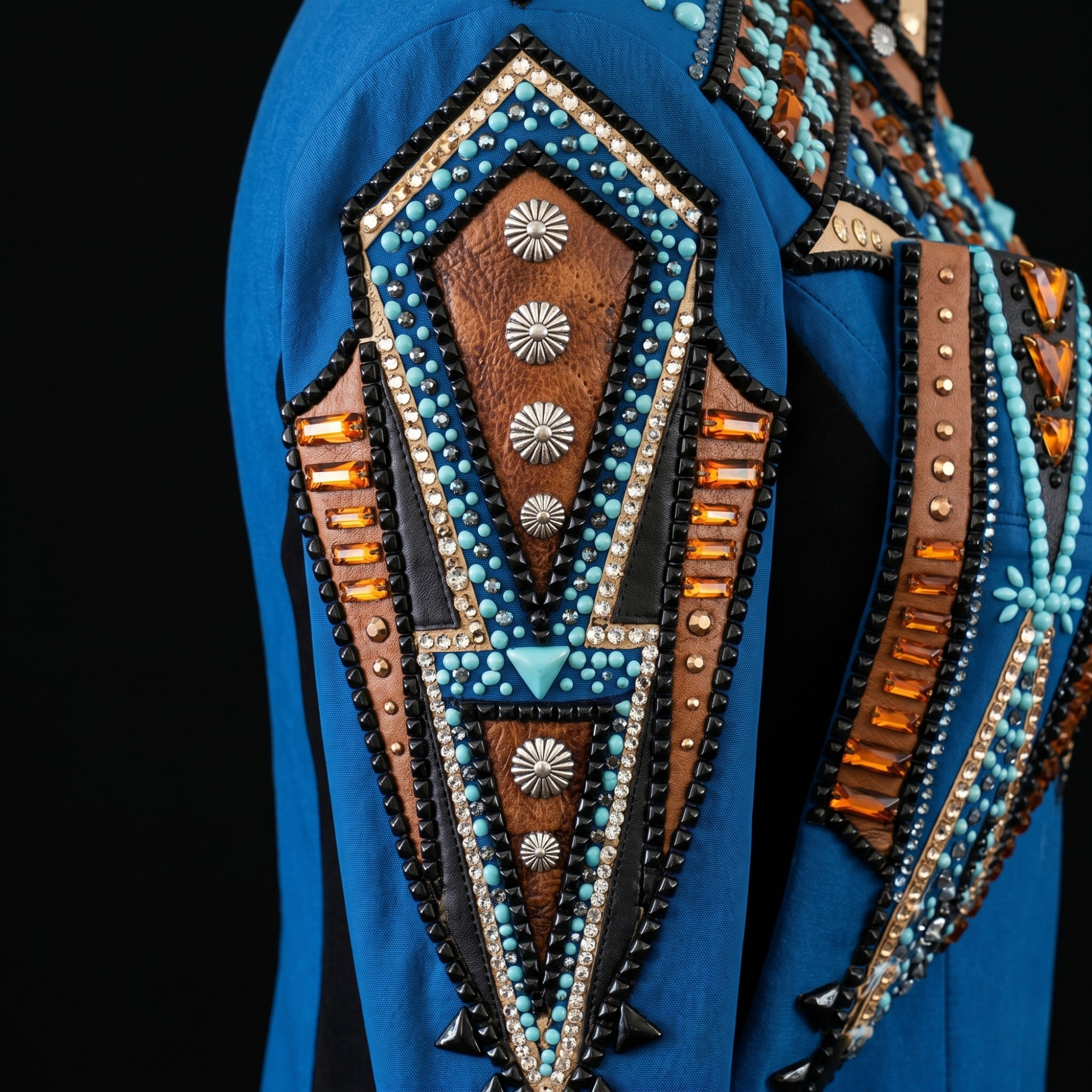 Women’s Western Show Shirt Blue Equestrian Riding Coat with Turquoise & Rust Embroidery, Show Fit - Image 4