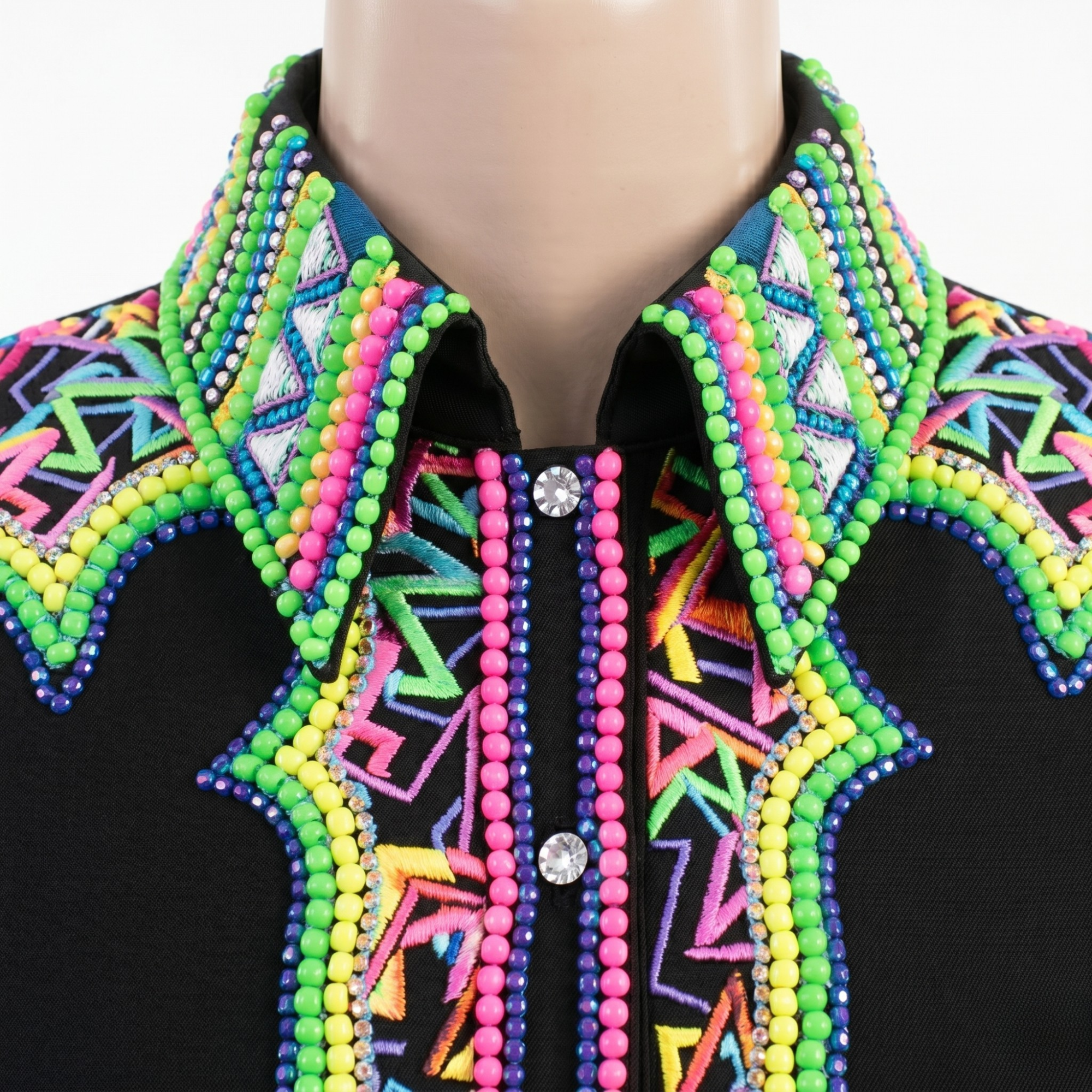 Women’s Western Show Shirt Black Equestrian Riding Shirt with Neon Beadwork & Geometric Design - Image 4