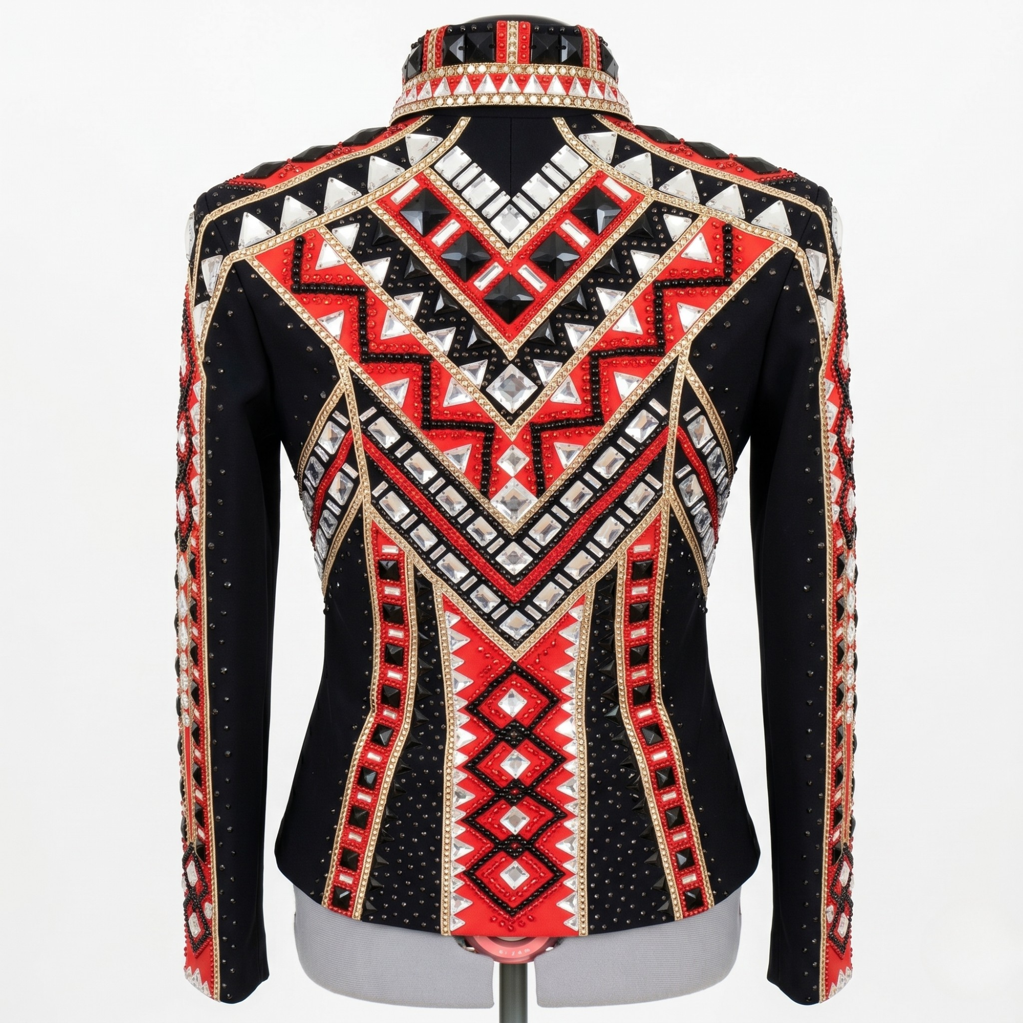 Women’s Western Show Jacket Black & Red Equestrian Riding Coat with Geometric Crystal Design - Image 4