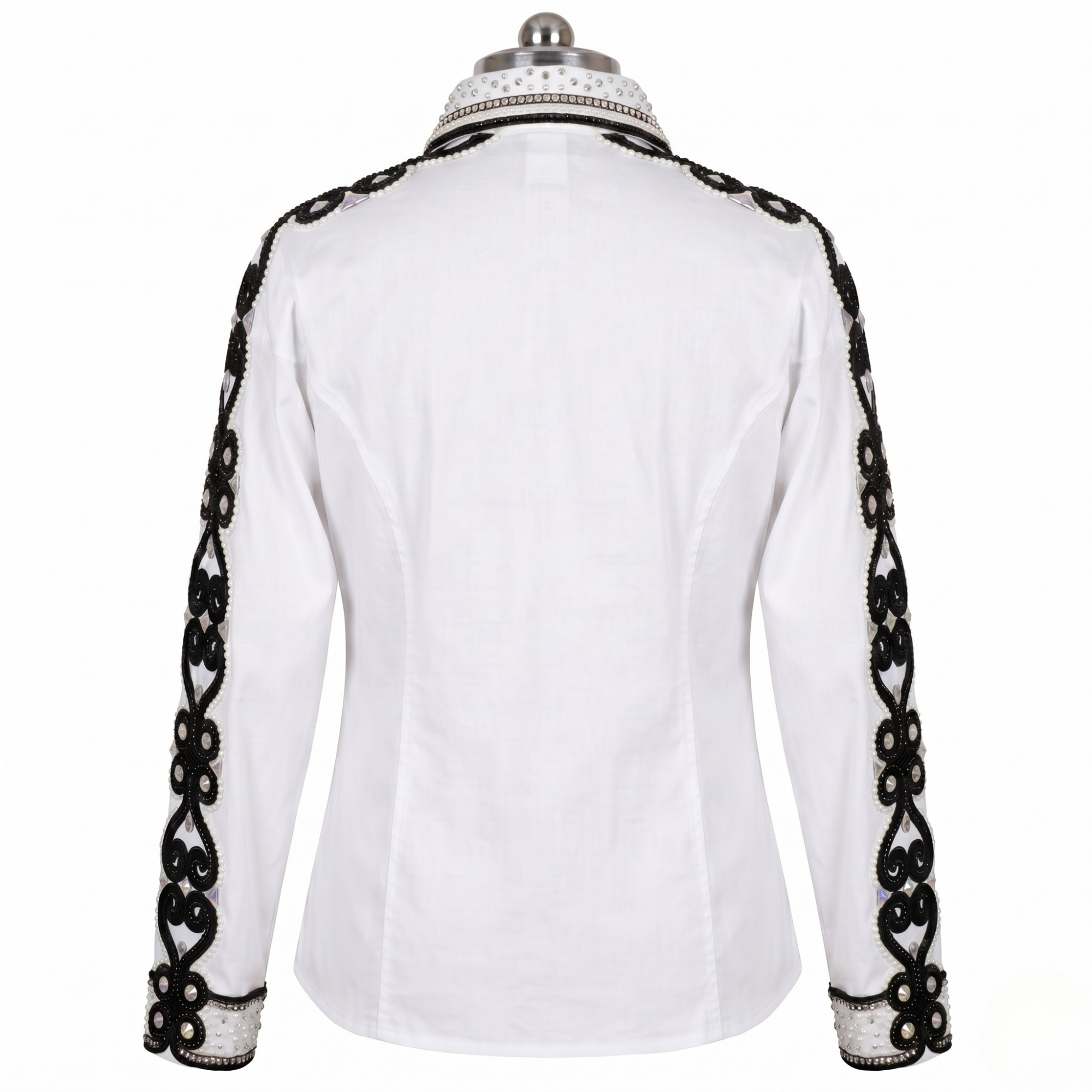 Women’s Western Show Shirt White Equestrian Riding Shirt with Black Embroidery & Crystal Detail - Image 5