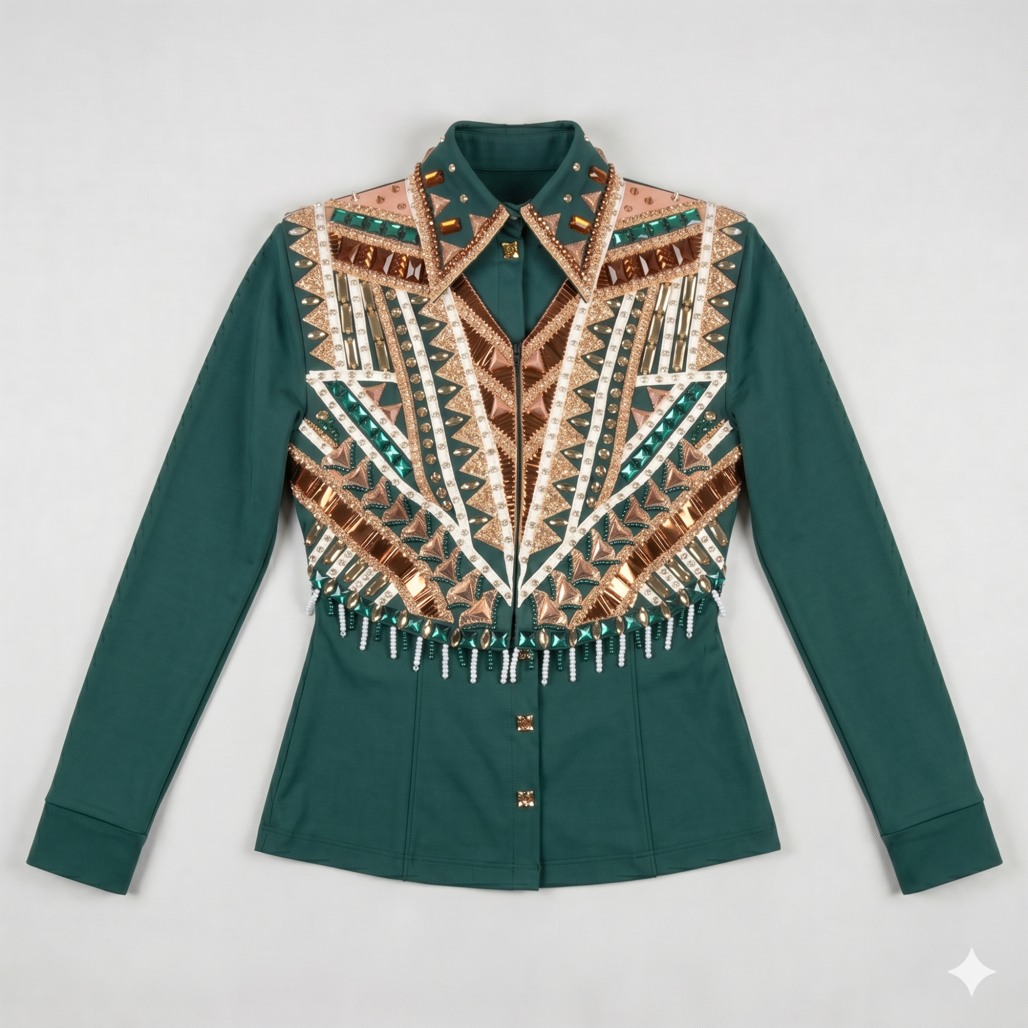 Women’s Western Show Jacket Bolero Green Equestrian Riding Coat with Crystal Panel & Tassel Detail - Image 5