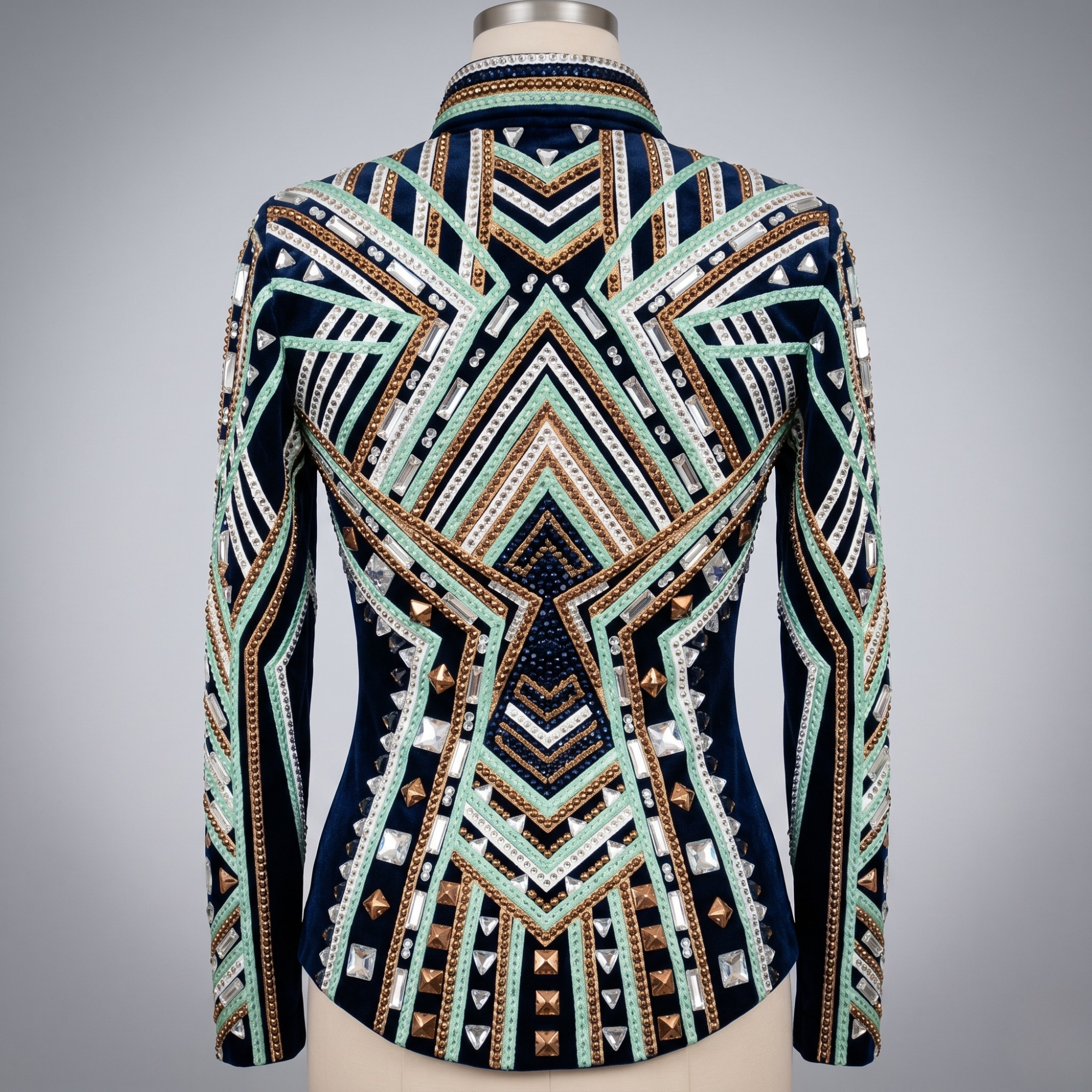 Women’s Western Show Jacket Black Equestrian Riding Coat with Geometric Pattern & Crystal Detail - Image 4