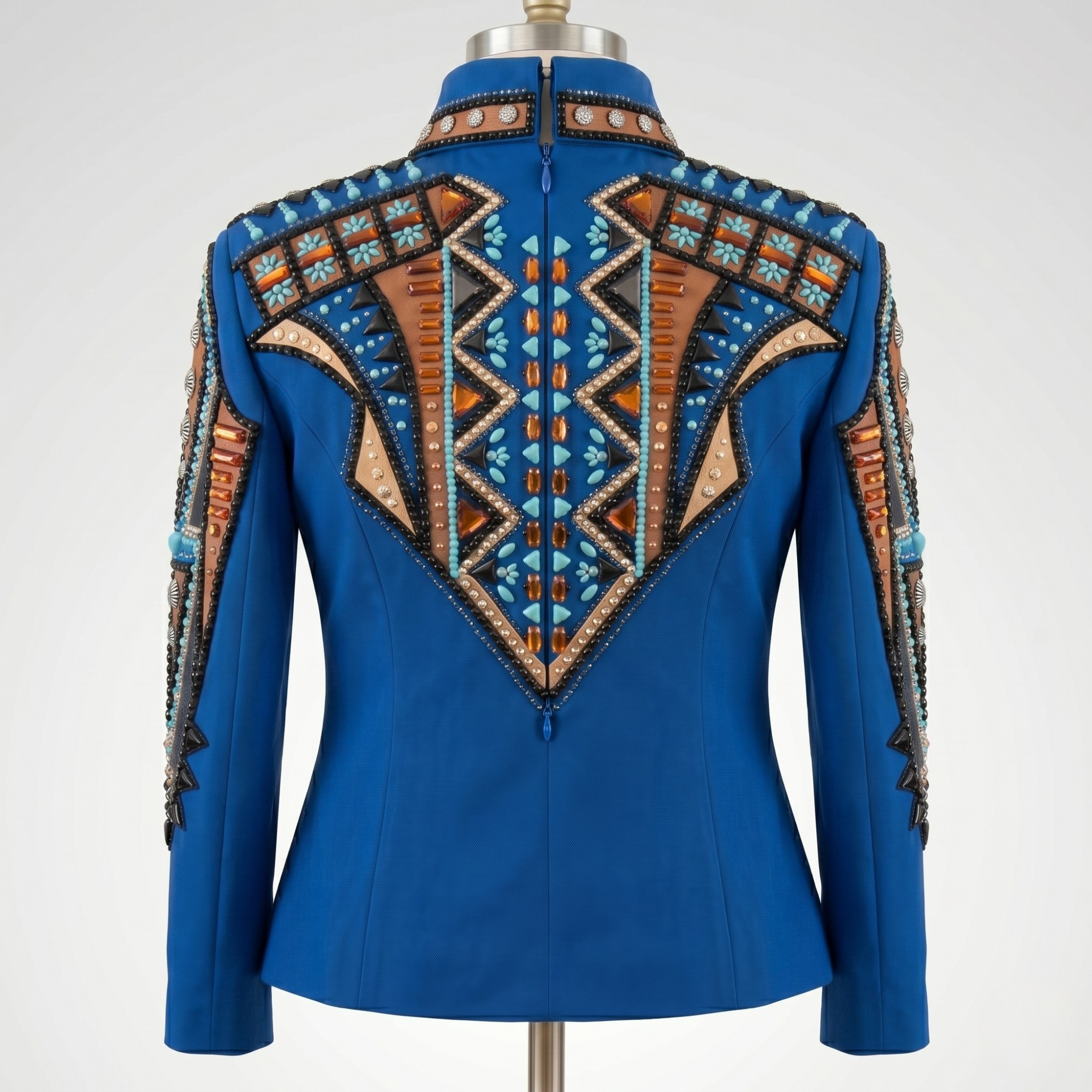 Women’s Western Show Shirt Blue Equestrian Riding Coat with Turquoise & Rust Embroidery, Show Fit - Image 3
