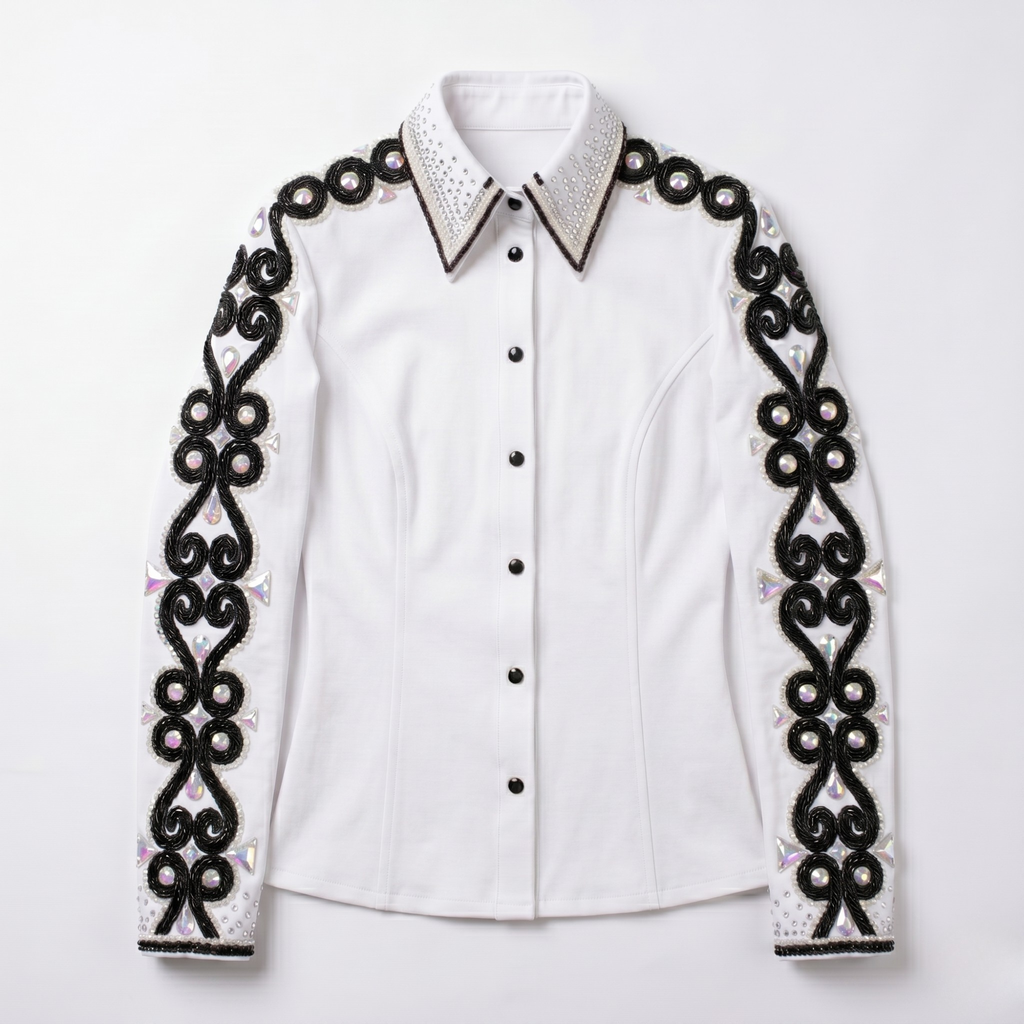 Women’s Western Show Shirt White Equestrian Riding Shirt with Black Embroidery & Crystal Detail - Image 6