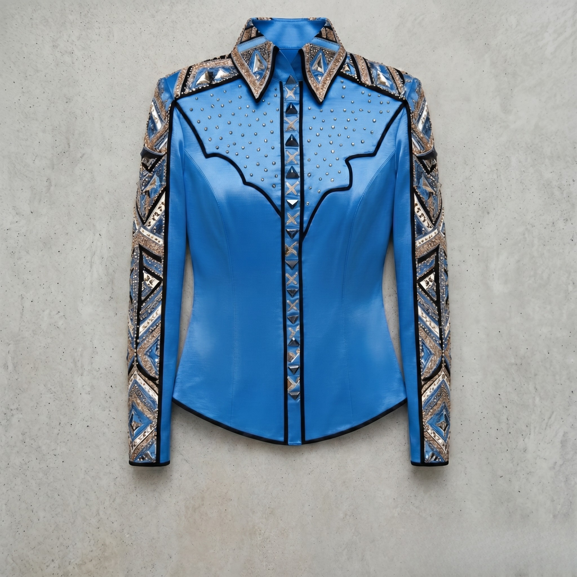 Women’s Western Show Shirt Blue Equestrian Riding Shirt with Stud Detail & Geometric Trim - Image 6