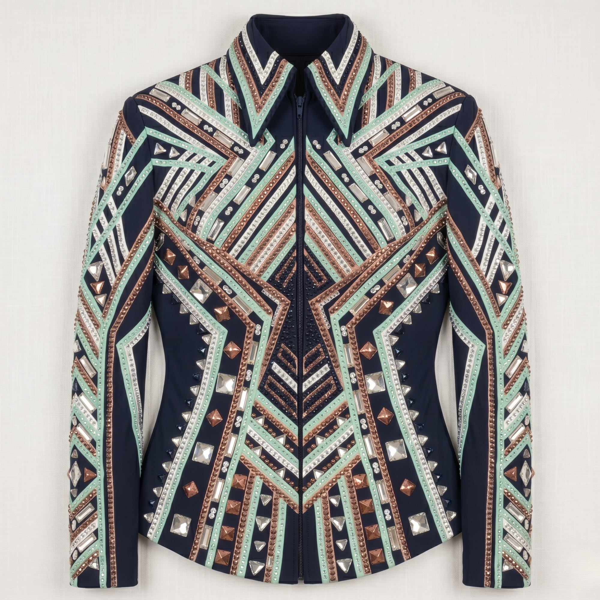 Women’s Western Show Jacket Black Equestrian Riding Coat with Geometric Pattern & Crystal Detail - Image 6