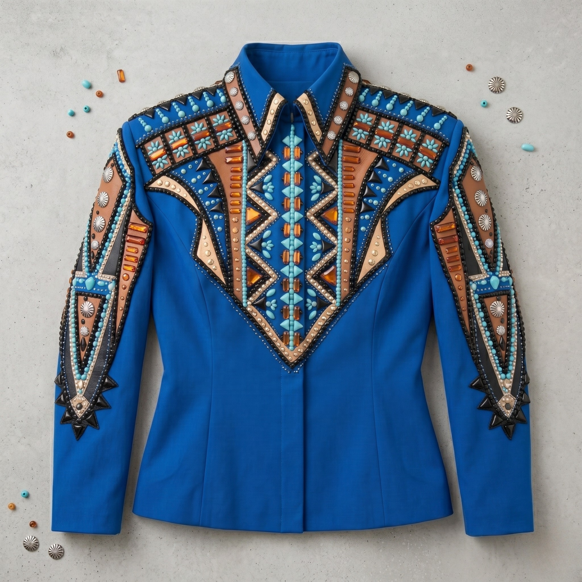 Women’s Western Show Shirt Blue Equestrian Riding Coat with Turquoise & Rust Embroidery, Show Fit - Image 6