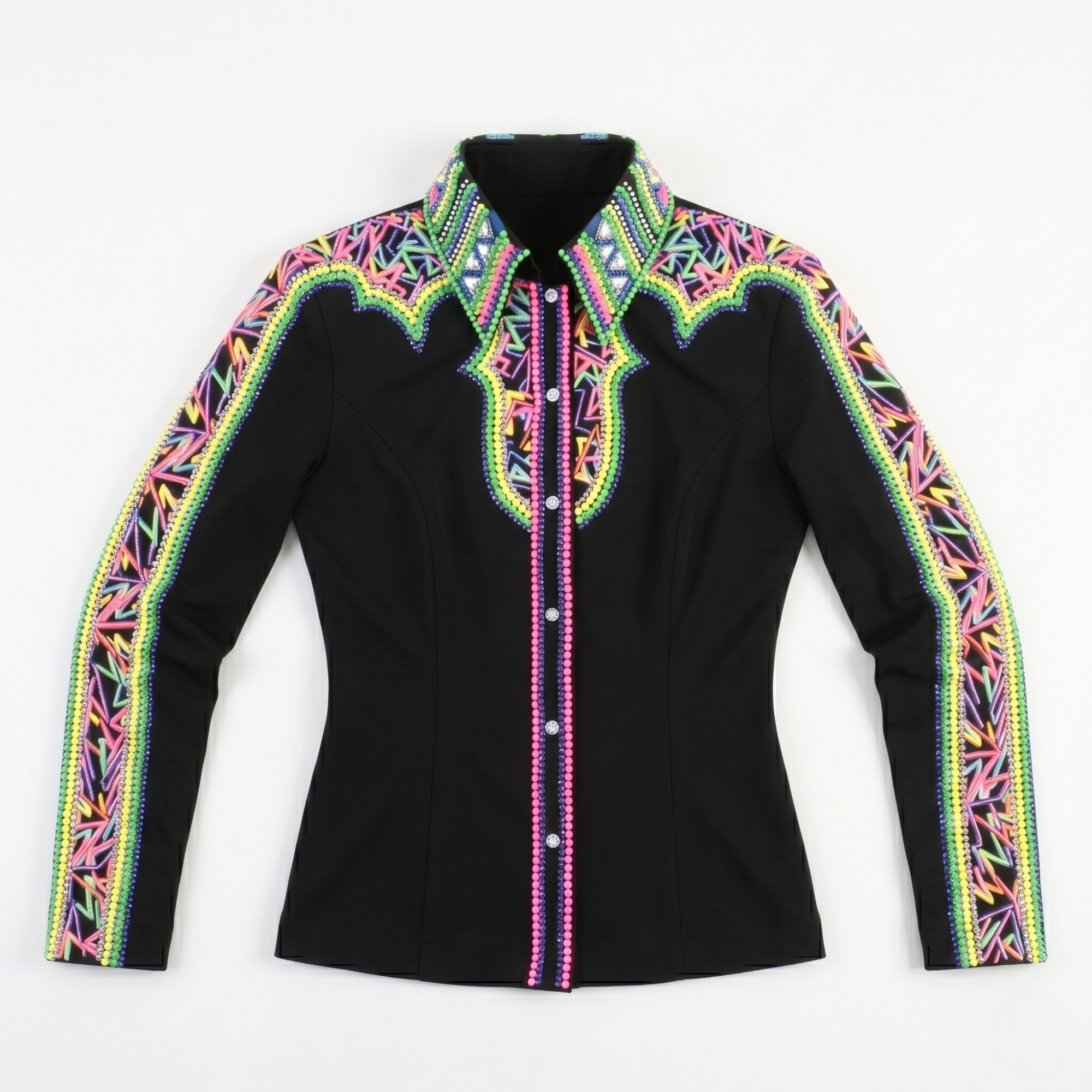 Women’s Western Show Shirt Black Equestrian Riding Shirt with Neon Beadwork & Geometric Design - Image 6