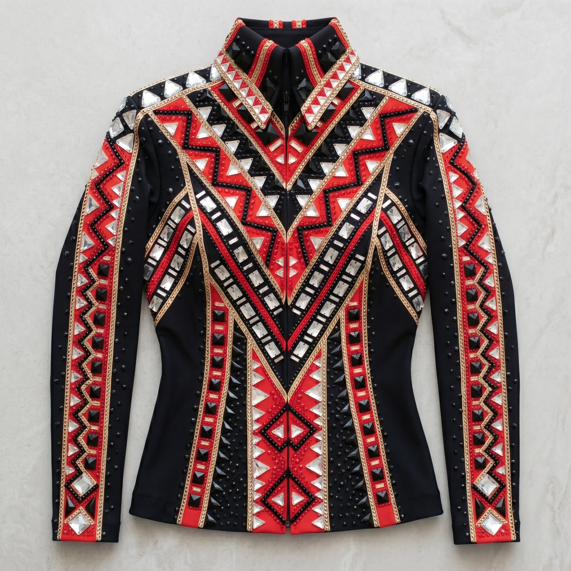 Women’s Western Show Jacket Black & Red Equestrian Riding Coat with Geometric Crystal Design - Image 6