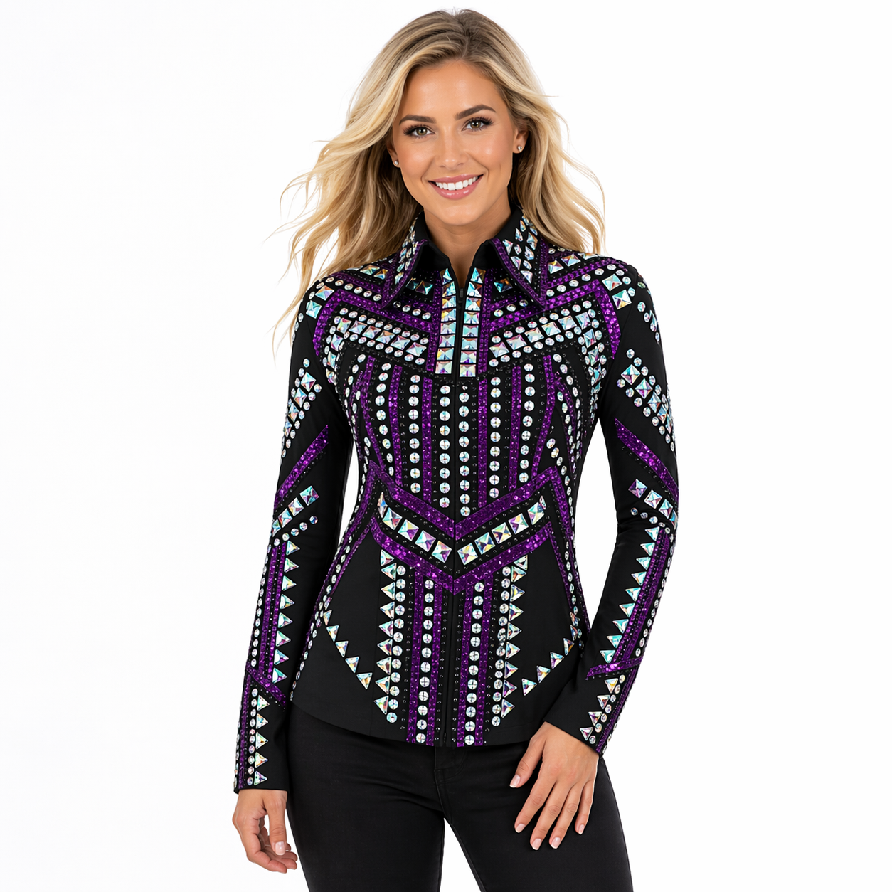 Women’s Western Show Jacket Black Purple Equestrian Riding Coat with Crystal Geometric Design